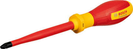 Röd och gul skruvmejsel med ergonomiskt grepp och PZ3-spets. Bosch-logotypen synlig på handtaget.