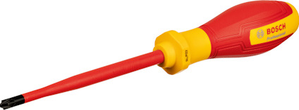 Röd och gul skruvmejsel med isolerat grepp och stjärnformad spets. "Bosch Professional" text på handtaget.