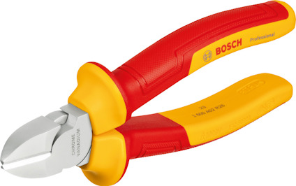 Sidavbitare med röd och gul isolerad handtag, märkt med Bosch Professional.
