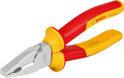 Kombinationstång med röd och gul isolerad handtag, märkt med Bosch Professional.