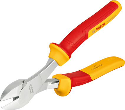 Sidavbitare med rött och gult isolerat handtag. Text på verktyget: "Insulated 1000V", "Bosch".