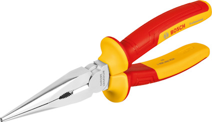 Röd och gul spetsig tång med isolerade handtag och skrift "BOSCH" på sidan.