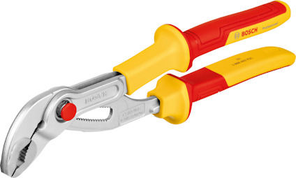 Polygrip-tång med röd och gul isolerad handtag, märkt Bosch, justerbar käft och metallisk finish.