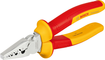 Röd och gul crimptång med märket Bosch på handtaget, designad för professionell användning.