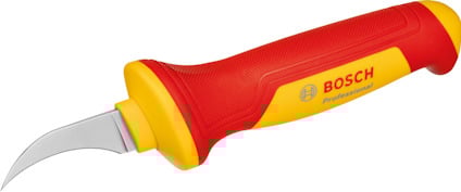 Röd och gul skalkniv med ergonomiskt grepp och krokblad. Märkt "BOSCH Professional".