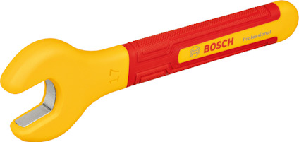 Gul och röd U-ringnyckel med Bosch-logotyp.