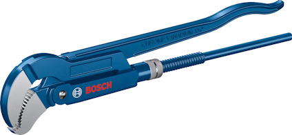 Rörtång i blå metall med justerbart käft, märkt "Bosch".