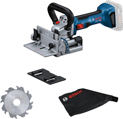 Lamellfräs med blå och svart design, rund sågklinga, dammpåse och adapterplatta bredvid. Märkt med Bosch-logotyp.