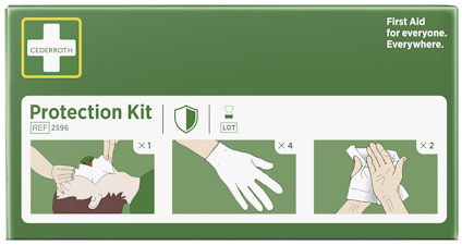 Grön förpackning med texten "Cederroth Protection Kit REF 2596". Illustrationer visar handskar och hantering av första hjälpen.