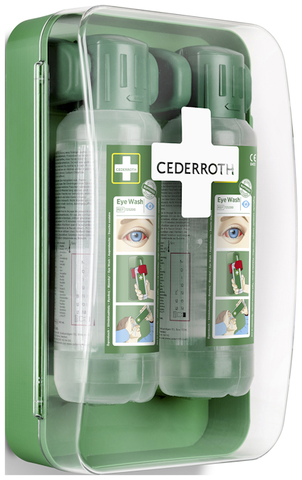 Ögondusch i genomskinlig plastbehållare med två flaskor och instruktioner på framsidan. Märkt "CEDERROTH".