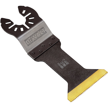 Sågblad med svart och gult färgschema, märkt "DEWALT", och tänder av titan på bladspetsen.