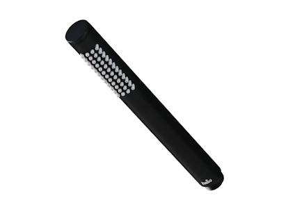 Svart handdusch med en lång, smal design och vita spraymunstycken längs ena sidan.