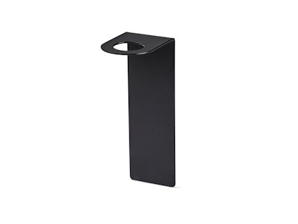 Svart tvålpumpshållare i metall med enkel och modern design, vertikalt orienterad med rund öppning.