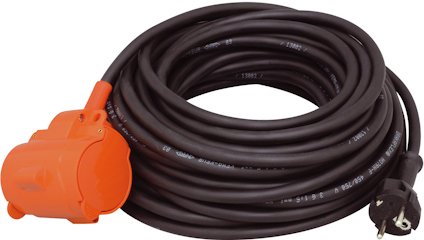 Rulle med svart elektrisk kabel och orange grenuttag med två uttag.