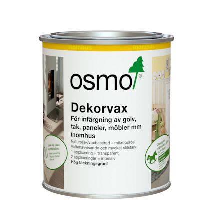Plåtburk med Osmo Dekorvax, etikett innehållande information på svenska om användningsområden och egenskaper.