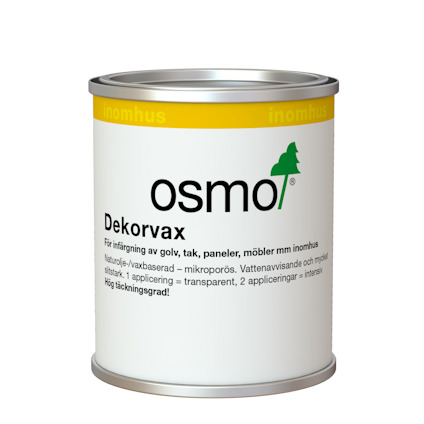 Vit plåtburk med texten "osmo Dekorvax" och detaljer om produktens användning och egenskaper.