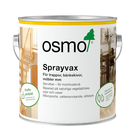 Plåtburk med Osmo Sprayvax med text om användning på trappor, bänkskivor och möbler. Sprutbar.