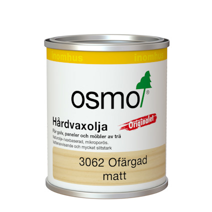 Plåtburk med etikett för Osmo hårdvaxolja, märkt "Originalet" och "3062 Ofärgad matt".