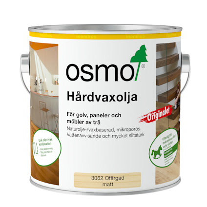 Plåtburk med Osmo hårdvaxolja, etikett som visar Osmo hårdvaxolja, inklusive användningsområden och produktinformation.