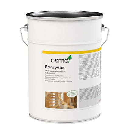Plåthink med Osmo Sprayvax med text om användning på trappor, bänkskivor och möbler. Sprutbar.