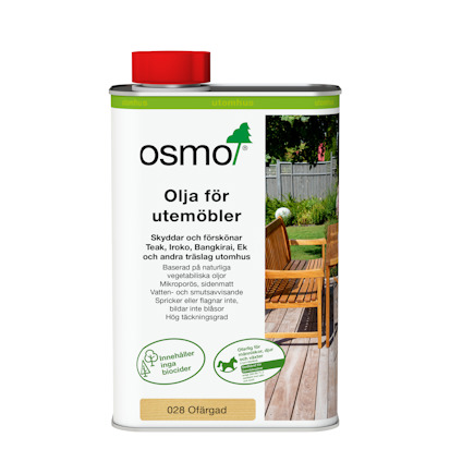 Rektangulär plåtburk med texten "osmo olja för utemöbler 028 ofärgad", bild av utemöbler på framsidan.