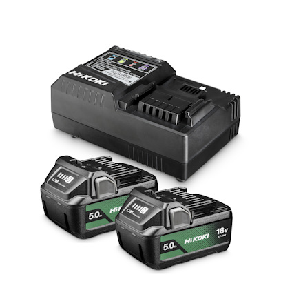 Batteriladdare och två batterier från HiKOKI, märkta med 18V och 5.0Ah.