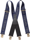 Mörkblå hängslen med texten "FRISTADS" i ljusare blått och metallklämmor, svart läderdetalj i mitten.