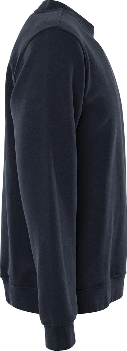 Svart långärmad sweatshirt sedd från sidan, med rund hals och ribbade ärmslut.