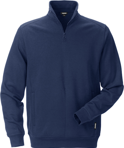 Marinblå sweatshirt med halv dragkedja, ståkrage och långa ärmar.