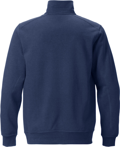 Mörkblå sweatshirt sedd bakifrån, med hög krage och långa ärmar.