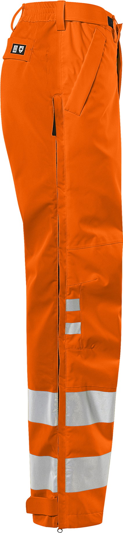 Orange arbetsbyxa med reflexband runt benen och en logotyp vid fickan.