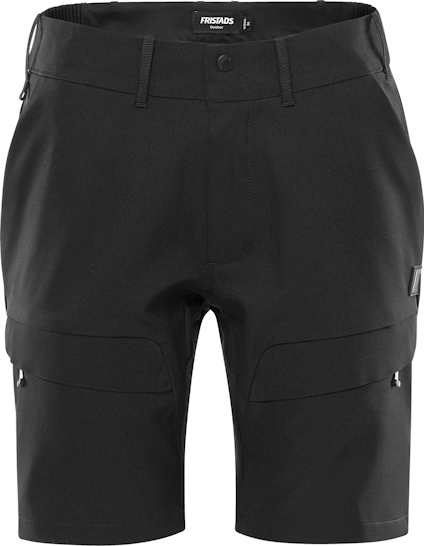 Svarta damskjorts med stretchmaterial och förslutningsbara fickor framtill.