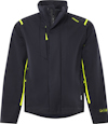 Mörkblå jacka med gula detaljer och ståkrage. Reflekterande ikon och text på ärmen.