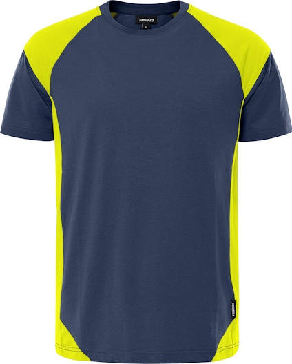 Marinblå och varselgul t-shirt med korta ärmar och rund hals.
