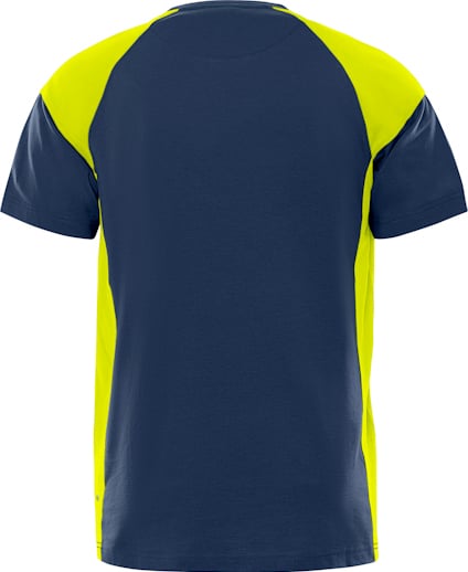 Kortärmad t-shirt med mörkblå rygg och neongula sidopaneler.