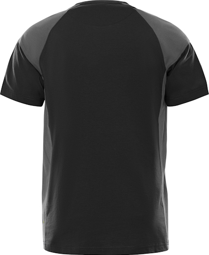 Svart t-shirt sedd bakifrån med mörkgrå raglanärmar.