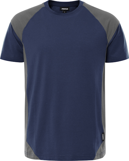 Kortärmad t-shirt i marinblått och grått tyg med rund hals och kontrasterande raglanärmar.