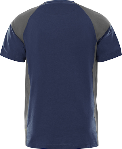 Blå och grå t-shirt fotograferad bakifrån med korta ärmar.