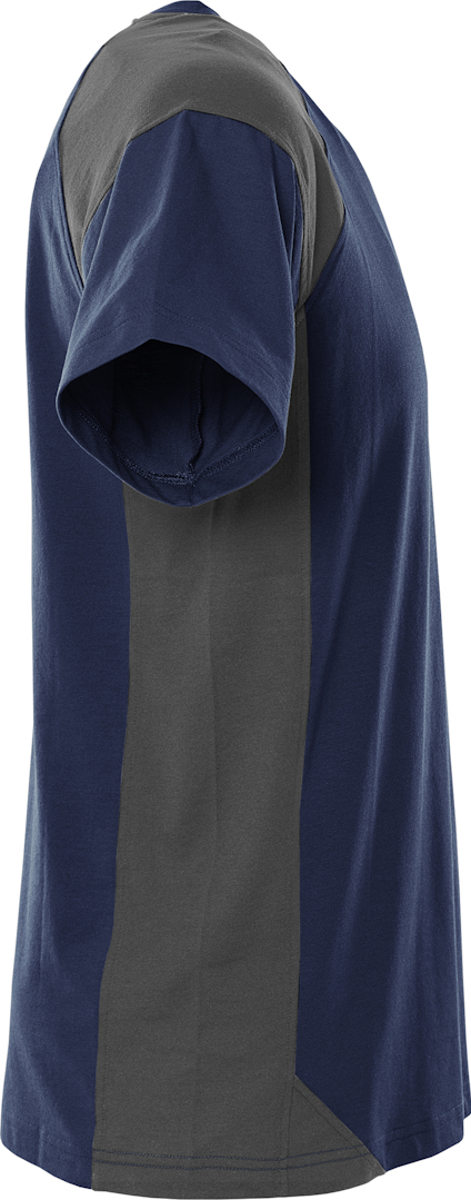 Blå och grå t-shirt fotad från sidan, kortärmad med rund hals.