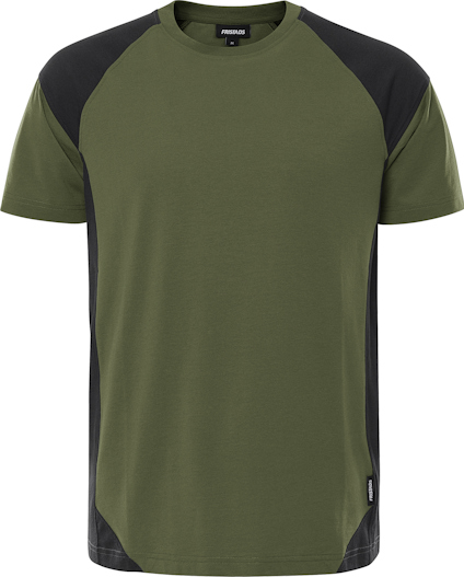 Grön och svart kortärmad t-shirt med rund hals och raglanärmar.