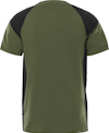Grön och svart t-shirt sedd bakifrån, med raglanärmar och kontrasterande paneler.