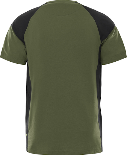 Grön och svart t-shirt sedd bakifrån, med raglanärmar och kontrasterande paneler.