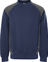 Mörkblå och grå sweatshirt med långa ärmar och rund halsringning.