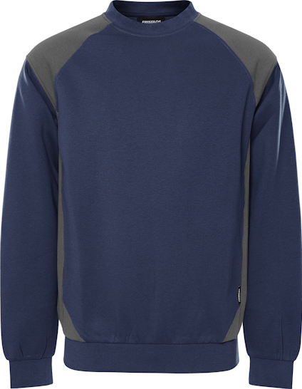 Mörkblå och grå sweatshirt med långa ärmar och rund halsringning.
