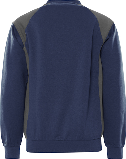 Mörkblå och grå långärmad sweatshirt sedd bakifrån.