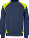 Mörkblå sweatshirt med neongula detaljer på axlar och sidor, samt mudd vid ärmar och midja.