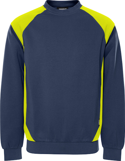 Mörkblå sweatshirt med neongula detaljer på axlar och sidor, samt mudd vid ärmar och midja.
