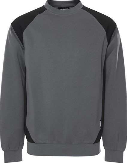 Grå och svart sweatshirt med långa ärmar och rund halsringning, detaljer i svart på axlar och sidor.