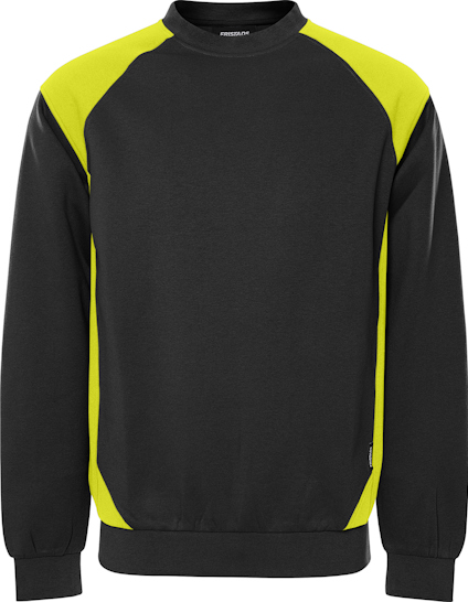 Svart och gul sweatshirt med lång ärm, rund halsringning och kontrasterande gula axel- och sidopaneler.
