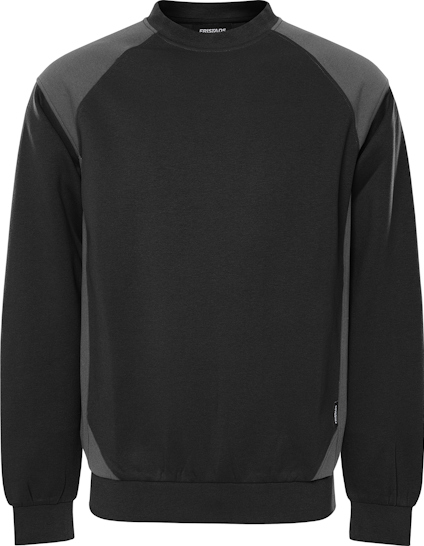 Svart och grå sweatshirt med långa ärmar och rund halsringning, utan synliga detaljer eller text.